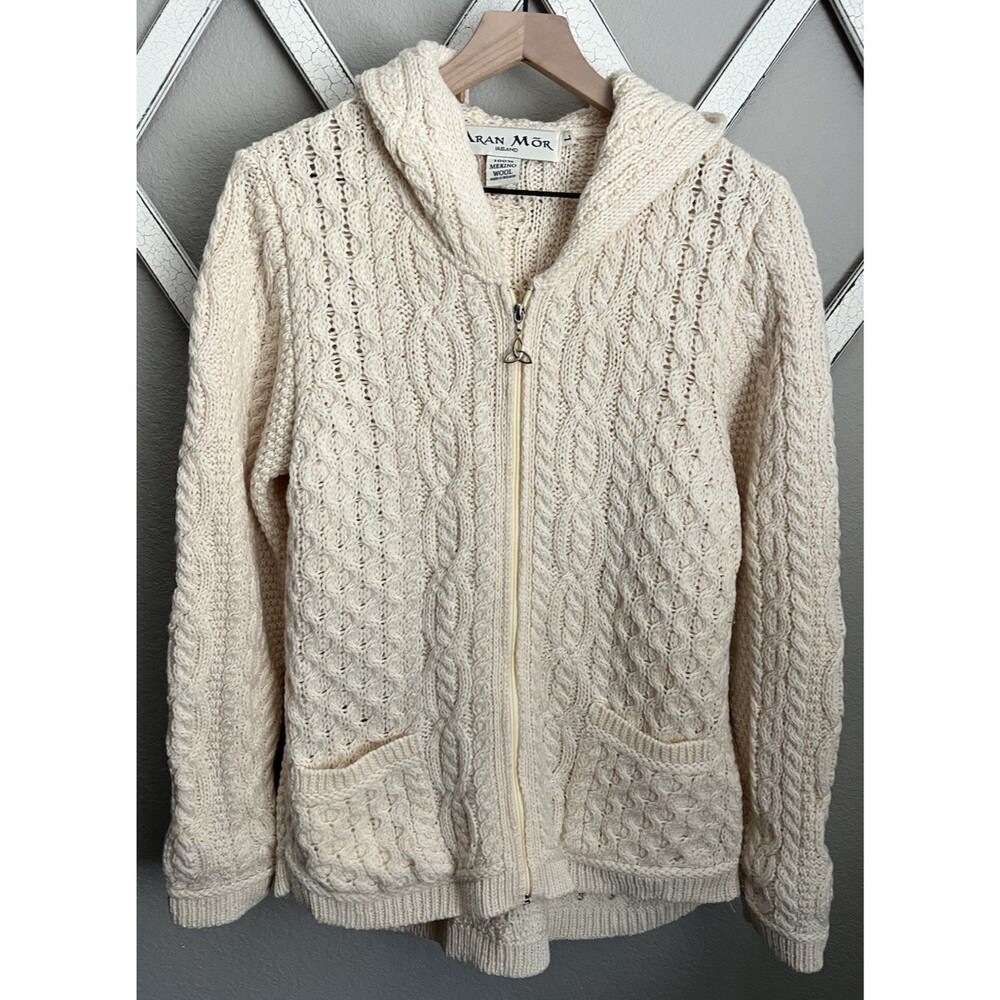 Aran Mor Ireland Women’s L 100% Merino Wool Cable Knit Hooded Sweater
